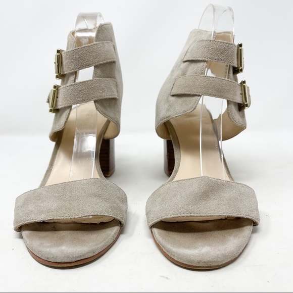 Nine West Galiceno Double Ankle Strap Sandals Genuine Suede Taupe Block Heels - Picture 5 of 10